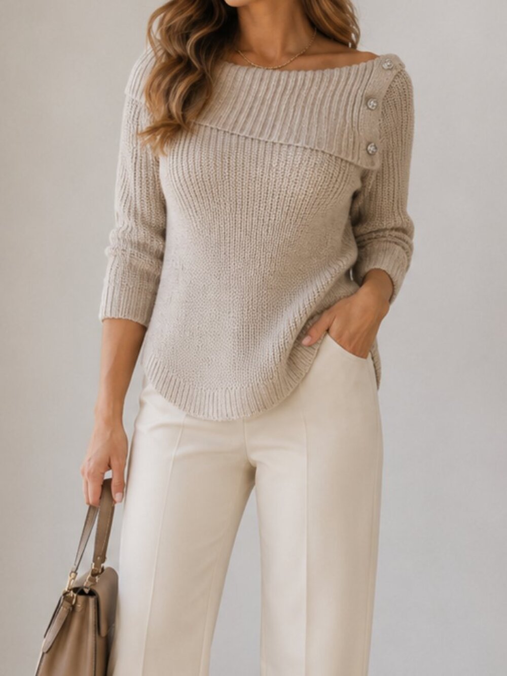 Cream Off Shoulder Knit Sweater S Button Detail Cozy Neutral Pullover